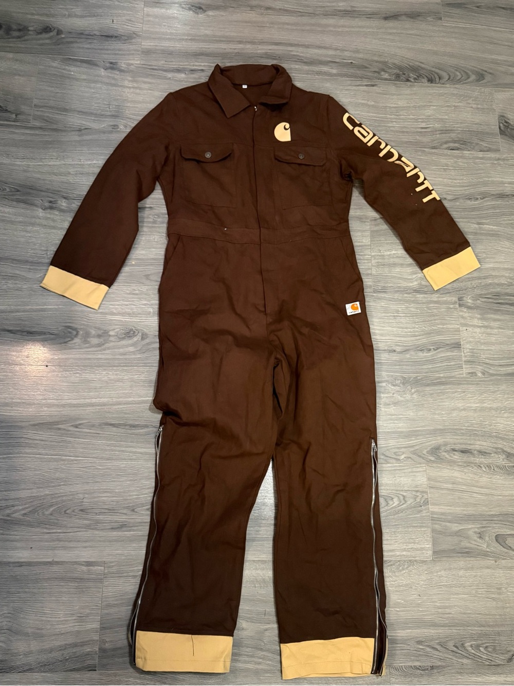 Carhartt Brown Coverall with Tan Accents and Logo Sleeve